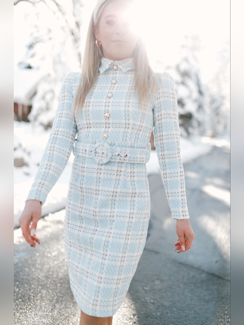 Ivy City Co Blue & White Plaid Long-Sleeve Belted Shirt Dress